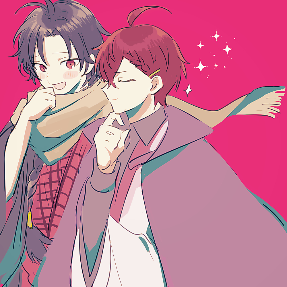 mdfd04, dazai osamu (bungou to alchemist), oda sakunosuke (bungou to alchemist), bungou to alchemist, 2boys, :d, ahoge, antenna hair, black hair, black jacket, blush stickers, braid, braided bangs, brown cloak, cloak, closed eyes, closed mouth, collared shirt, from side, grey shirt, hair between eyes, hair ornament, hairclip, hand on own chin, hand to own mouth, haori, jacket, japanese clothes, kimono, long hair, long sleeves, looking at another, male focus, multiple boys, open mouth, parted bangs, pink background, plaid clothes, plaid kimono, red hair, red kimono, shirt, shirt under kimono, short hair, sideways glance, simple background, single braid, smile, sparkle, upper body, white kimono