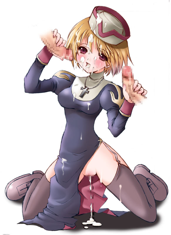 arima natsubon, priest (ragnarok online), ragnarok online, 1girl, blonde hair, blush, breasts, censored, cross, cross necklace, cum, cum in pussy, cum on body, cum on breasts, cum on clothes, cum on hair, cum on lower body, cum on upper body, cumdrip, disembodied penis, double handjob, facial, garter straps, group sex, handjob, hat, jewelry, looking at viewer, mmf threesome, mosaic censoring, necklace, no panties, open mouth, penis, pink eyes, priest, priestess, pussy, short hair, simple background, small breasts, smile, solo focus, thighhighs, threesome, white background