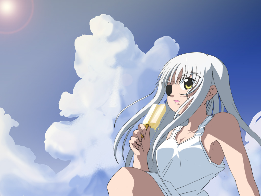 cinque (nanoha), numbers (nanoha), lyrical nanoha, mahou shoujo lyrical nanoha, mahou shoujo lyrical nanoha strikers, 00s, 1girl, cloud, day, dress, eyepatch, female focus, food, long hair, popsicle, sky, solo, sun, white hair, yellow eyes