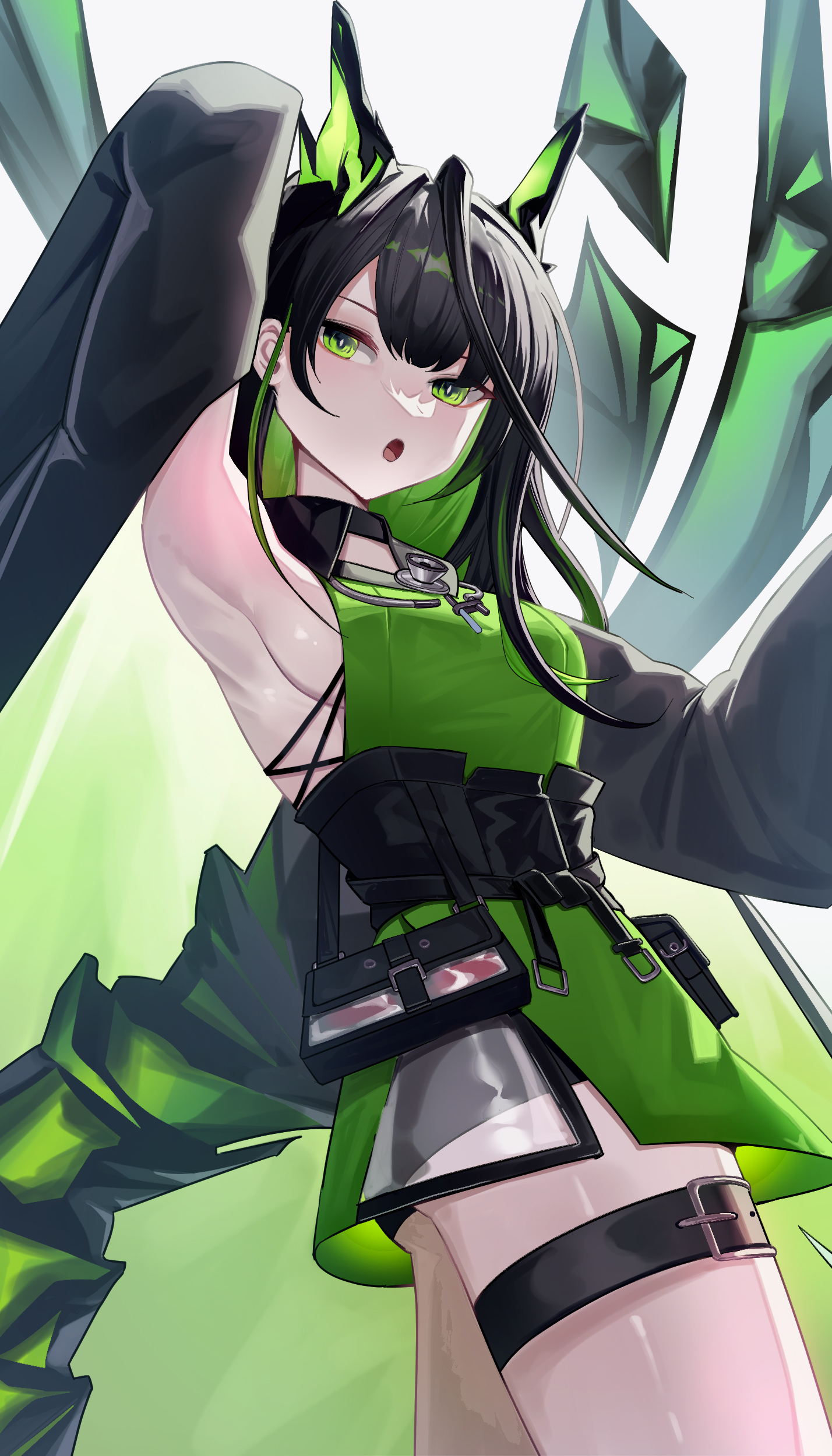 aoi wakashi chiyo, mon3tr (arknights), arknights, absurdres, highres, 1girl, animal ears, armpits, breasts, cat ears, cowboy shot, green eyes, green hair, looking at viewer, medium breasts, multicolored hair, off shoulder, solo, white background