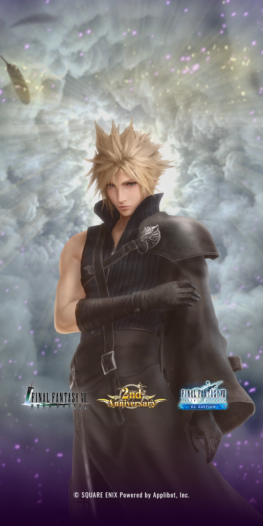 cloud strife, fenrir (final fantasy), final fantasy, final fantasy vii, final fantasy vii advent children, final fantasy vii ever crisis, square enix, highres, official art, 1boy, armor, black cape, black gloves, black pants, black sleeves, black vest, blonde hair, cape, cloud, cloudy sky, copyright name, cowboy shot, falling feathers, feathers, gloves, hair between eyes, hand on own arm, male focus, pants, pauldrons, popped collar, short hair, shoulder armor, single bare shoulder, single pauldron, single sleeve, sky, solo, spiked hair, vest, waist cape