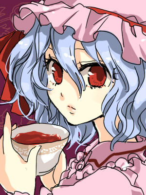 popoin, remilia scarlet, touhou, bad id, bad pixiv id, lowres, 1girl, blue hair, cup, female focus, hat, lips, mob cap, red eyes, solo, teacup, upper body