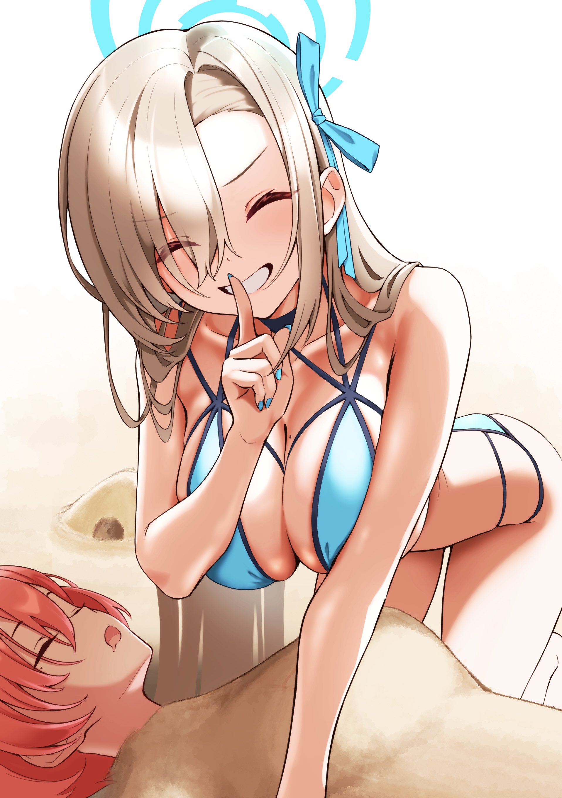 sayu mypace, asuna (blue archive), neru (blue archive), blue archive, absurdres, highres, 2girls, bare shoulders, bikini, blonde hair, blue bikini, blue halo, breasts, buried in sculpted sand, choker, cleavage, closed eyes, collarbone, finger to mouth, grin, hair over one eye, hair ribbon, halo, large breasts, long hair, mole, mole on breast, mole under eye, multiple girls, orange hair, ribbon, sand sculpture, shushing, sleeping, smile, swimsuit, thighs, very long hair