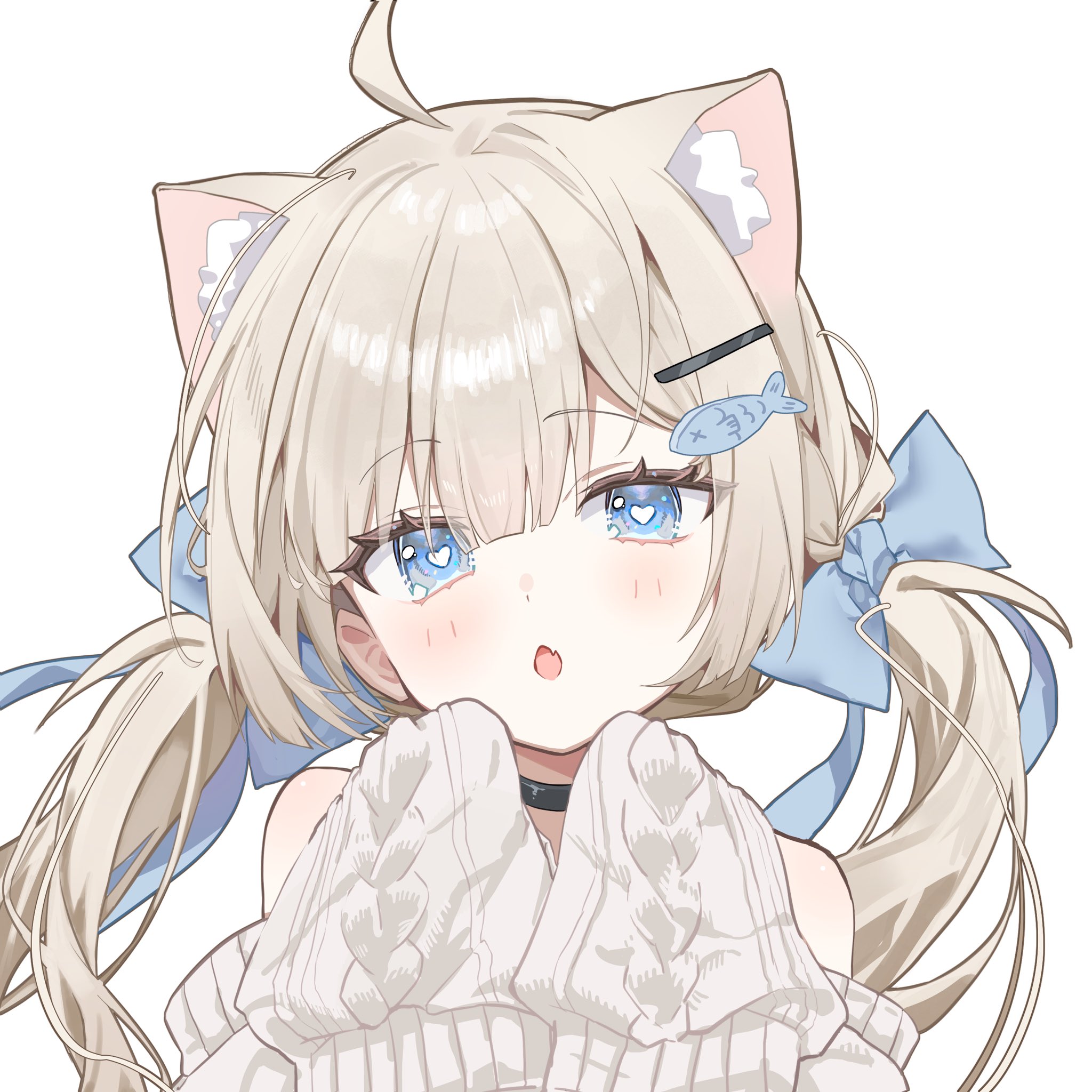 luna (luna610), original, highres, 1girl, :o, ahoge, animal ear fluff, animal ears, bare shoulders, black choker, blonde hair, blue bow, blue eyes, blush, bow, cat ears, choker, fang, fish hair ornament, hair bow, hair ornament, hairclip, heart, heart-shaped pupils, long hair, long sleeves, looking at viewer, luna (luna610) (character), off-shoulder sweater, off shoulder, open mouth, simple background, skin fang, sleeves past fingers, sleeves past wrists, solo, sweater, symbol-shaped pupils, twintails, upper body, white background, white sweater