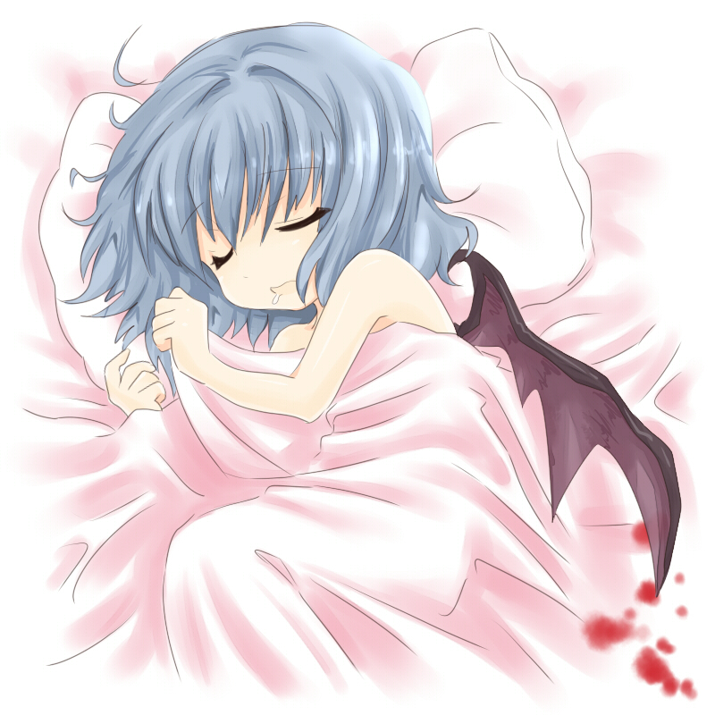 niji (nijioki), remilia scarlet, touhou, bad id, bad pixiv id, 1girl, bat wings, bed, bed sheet, blood, blue hair, drooling, female focus, naked sheet, pillow, saliva, short hair, sleeping, solo, wings