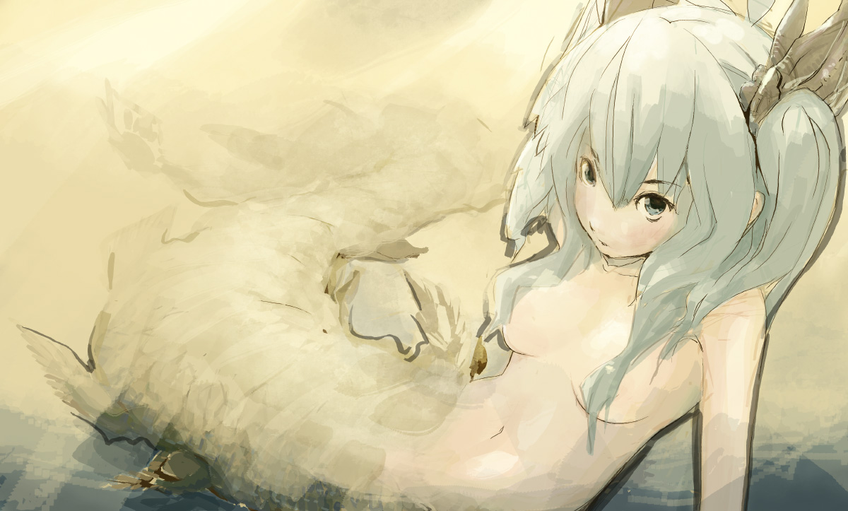 lifemeat, original, silver hair, tan background, bad id, bad pixiv id, 1girl, camouflage, completely nude, female focus, grey eyes, hair censor, hair ornament, hair over breasts, looking at viewer, mermaid, monster girl, nude, sand, solo, twintails