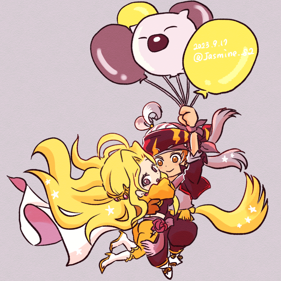jasmine 82, celes chere, locke cole, moogle, final fantasy, final fantasy vi, 1boy, 1girl, arm around back, arms around neck, balloon, black background, black jacket, black pants, blonde hair, blue eyes, boots, brown eyes, brown hair, cape, chibi, chibi only, couple, dated, floating, hair ornament, headscarf, hetero, holding, holding balloon, jacket, long hair, midriff, pants, parted bangs, parted lips, ribbon, sash, shirt, short hair, smile, twitter username, waist sash, white boots, white cape, white shirt, wrist ribbon, yellow jacket, yellow pants