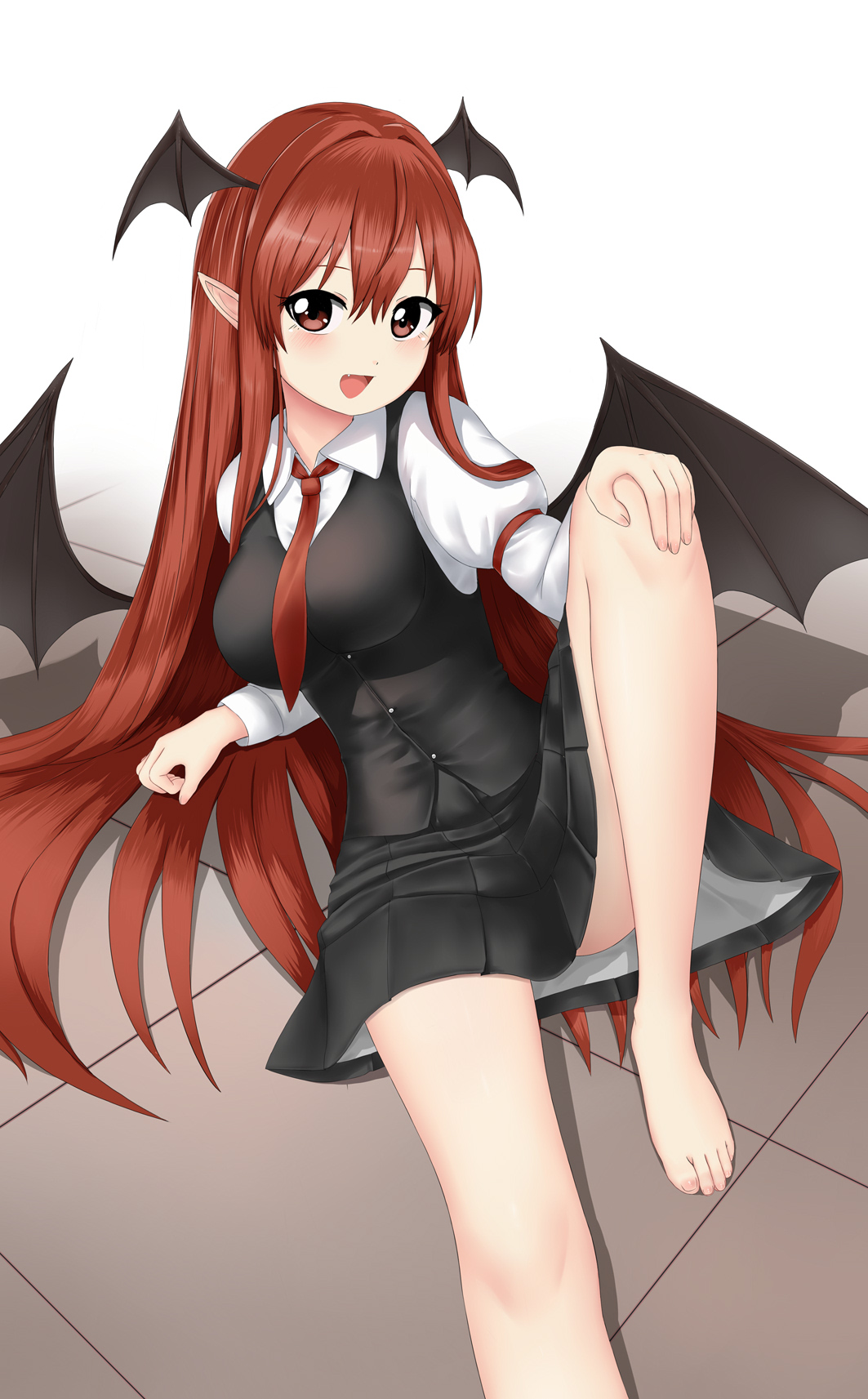 doge (jkdoge), koakuma, touhou, 1girl, arm support, bare legs, barefoot, black jacket, black skirt, black wings, brown eyes, collared shirt, demon girl, demon wings, fang, foot out of frame, hair between eyes, hair spread out, hand on own knee, head wings, jacket, knee up, leaning back, light blush, long hair, long sleeves, looking at viewer, miniskirt, necktie, on floor, open mouth, pleated skirt, pointy ears, puffy sleeves, red hair, red necktie, shirt, sitting, skirt, sleeveless, sleeveless jacket, smile, solo, straight hair, tile floor, tiles, very long hair, white shirt, wings