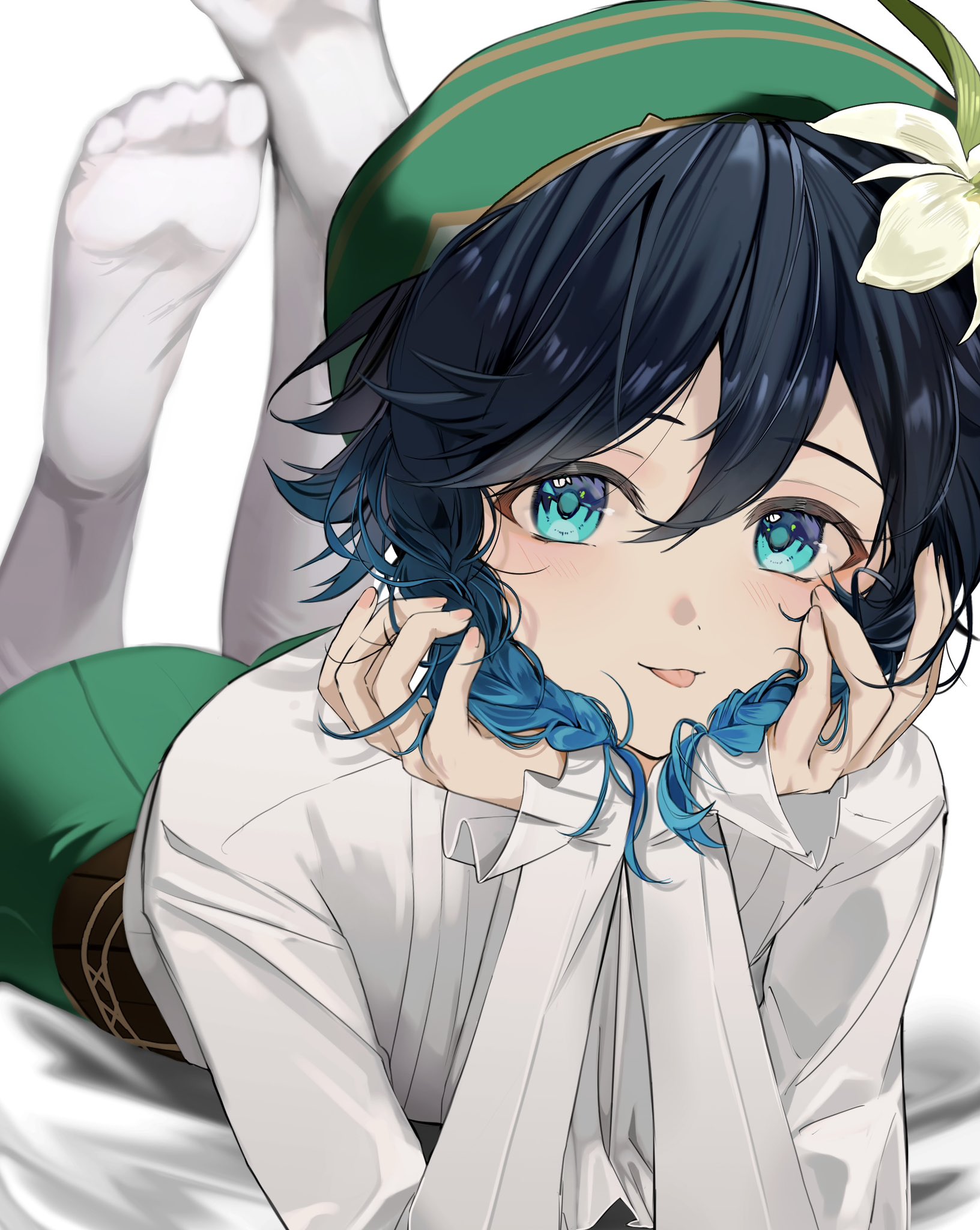 sahi00000, venti (genshin impact), genshin impact, highres, 1boy, beret, black hair, blue hair, braid, cape, cecilia flower (genshin impact), feet, feet up, flower, gradient hair, green cape, green eyes, green hat, green shorts, hat, hat flower, long sleeves, looking at viewer, lying, male focus, multicolored hair, no cape, no shoes, on stomach, pantyhose, shirt, short hair with long locks, shorts, side braids, soles, solo, the pose, tongue, tongue out, twin braids, white flower, white pantyhose, white shirt