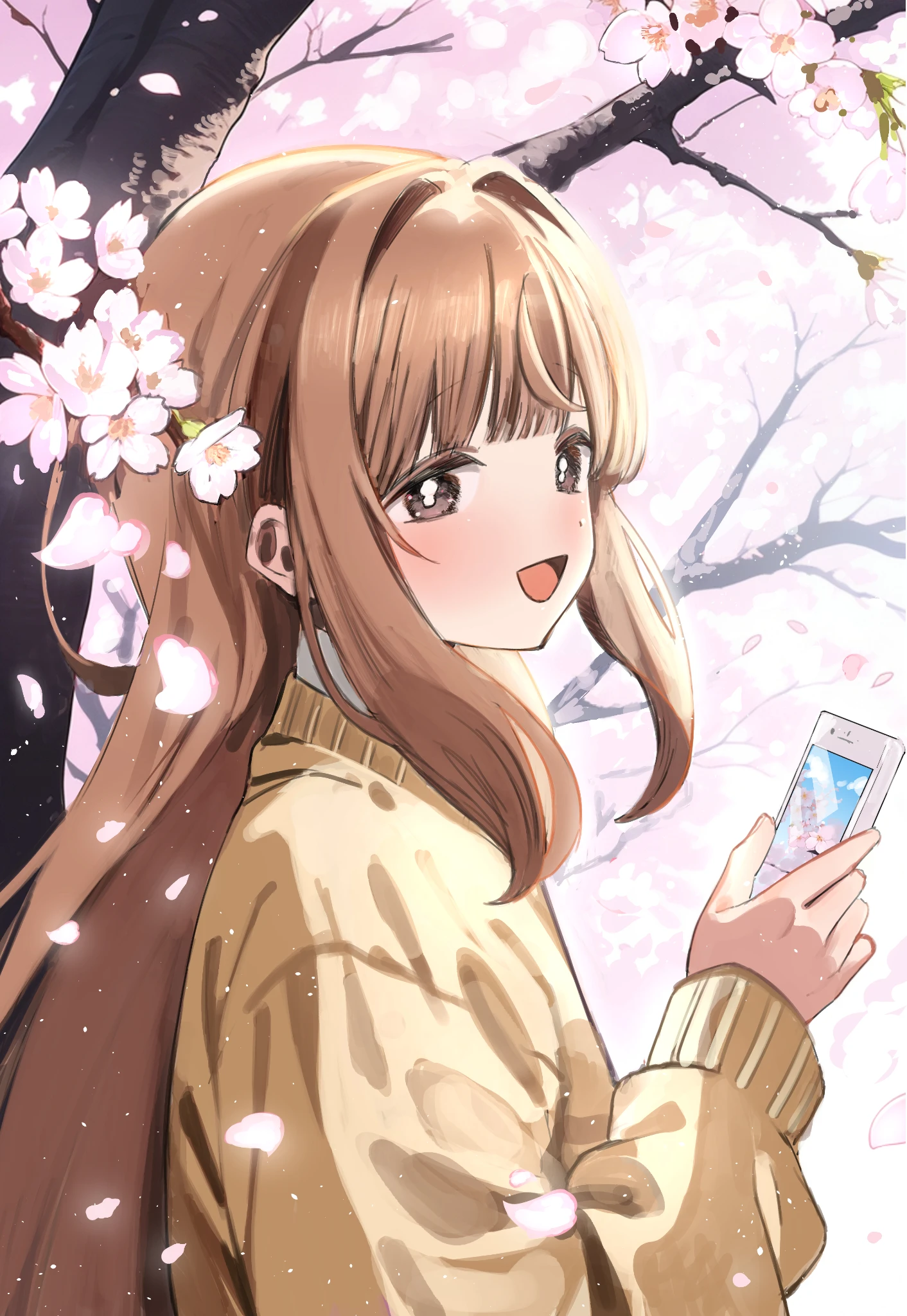 pu3xn, character request, copyright request, highres, webp-to-png conversion, 1girl, :d, brown eyes, brown hair, cardigan, cellphone, cherry blossoms, falling petals, flower, hair intakes, holding, holding phone, long hair, open mouth, petals, phone, smartphone, smile, solo, tree, upper body