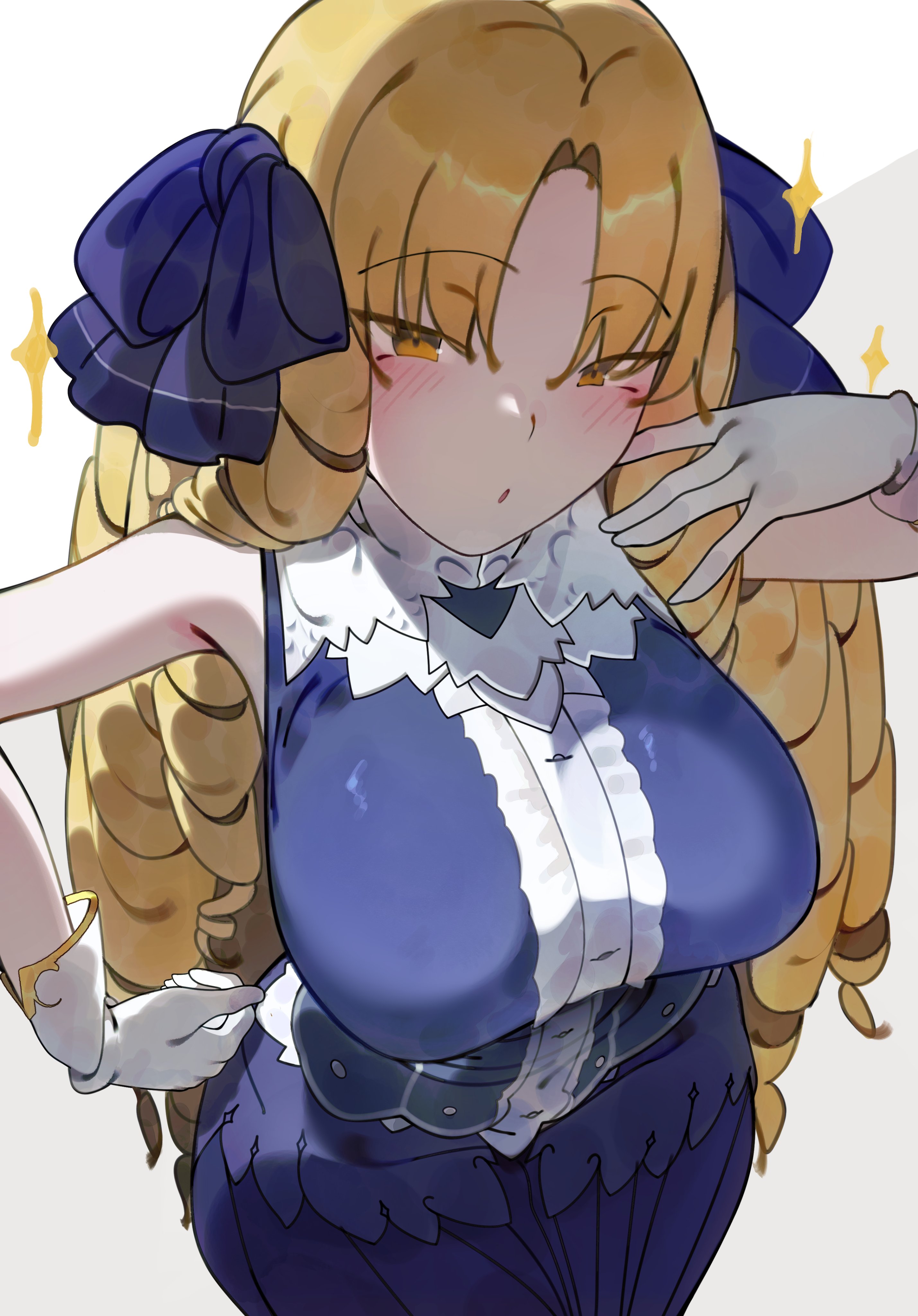 deko morii, luviagelita edelfelt, fate/hollow ataraxia, fate (series), absurdres, highres, 1girl, bare shoulders, blonde hair, blue dress, blue ribbon, blush, breasts, dress, drill hair, gloves, hair ribbon, large breasts, long hair, looking at viewer, open mouth, parted bangs, quad drills, ribbon, solo, sparkle, very long hair, white gloves, yellow eyes