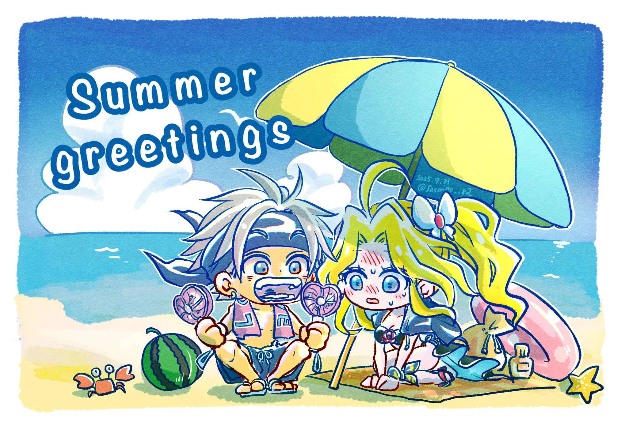 jasmine 82, celes chere, locke cole, final fantasy, final fantasy vi, highres, 1boy, 1girl, ahoge, beach, beach towel, beach umbrella, bikini, black bikini, blonde hair, blue eyes, blue headband, blush, breasts, butterfly hair ornament, chibi, chibi only, cleavage, crab, dated, food, fruit, grey hair, hair ornament, hand fan, headband, holding, holding fan, innertube, kneeling, long hair, medium breasts, ocean, open mouth, parted bangs, parted lips, ponytail, short hair, sitting, summer, sweat, swim ring, swimsuit, towel, towel around neck, twitter username, umbrella, watermelon