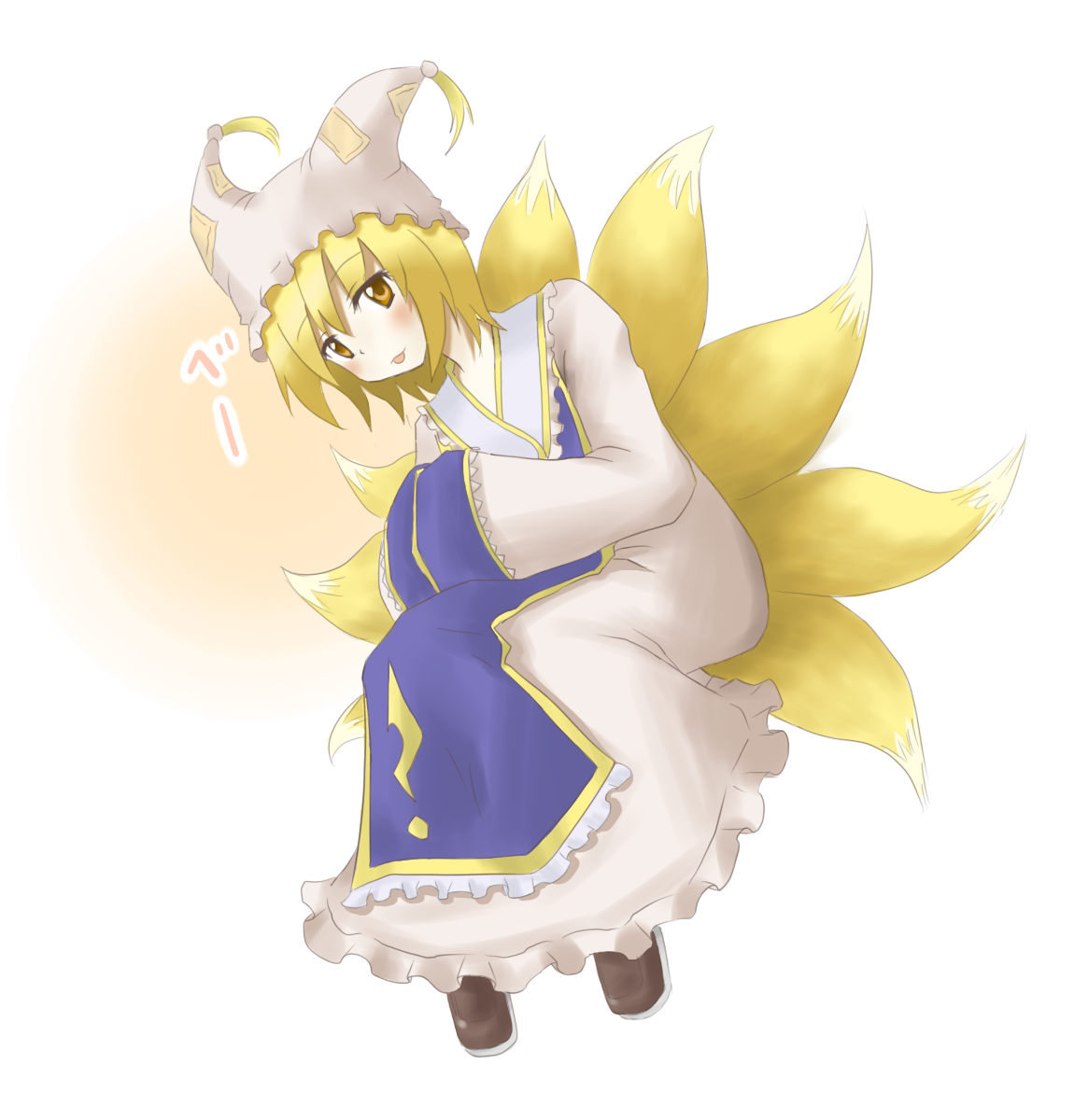 any (artist), any (lucky denver mint), any (pixiv), yakumo ran, touhou, bad id, bad pixiv id, highres, 1girl, :p, animal ears, animal hat, blonde hair, female focus, fox ears, fox tail, hands in opposite sleeves, hat, long sleeves, mob cap, short hair, solo, tail, tassel, tongue, tongue out, wide sleeves