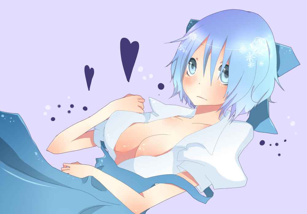 yuuutsu kamo, cirno, embodiment of scarlet devil, touhou, 1girl, alternate breast size (larger), blue eyes, blue hair, bow, breasts, cleavage, female focus, heart, large breasts, matching hair/eyes, ribbon, short hair, solo