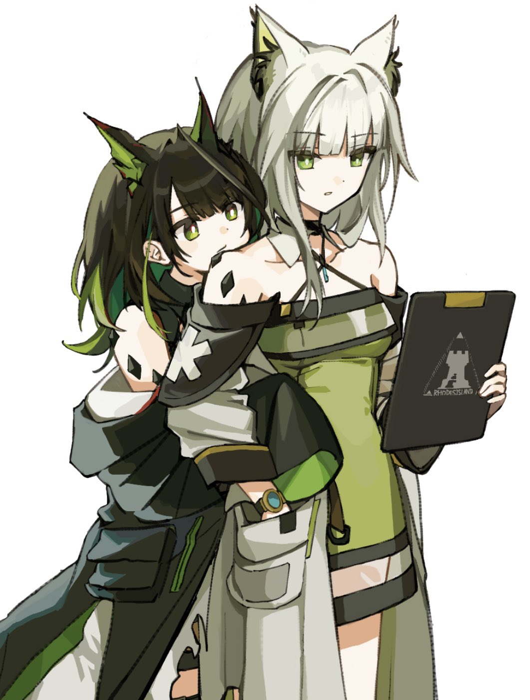 udonpasta123, kal'tsit (arknights), mon3tr (arknights), arknights, highres, 2girls, animal ears, bare shoulders, black hair, cat ears, colored inner hair, dress, green dress, green eyes, green hair, hand in pocket, holding, hug, hug from behind, material growth, multicolored hair, multiple girls, off shoulder, oripathy lesion (arknights), watch, white background, wristwatch