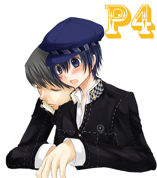 nekomura maccha, narukami yu, shirogane naoto, atlus, persona, persona 4, bad id, bad pixiv id, 1boy, 1girl, androgynous, black hair, blue hair, blush, closed eyes, couple, grey hair, hat, hetero, mint chocolate, newsboy cap, reverse trap, short hair