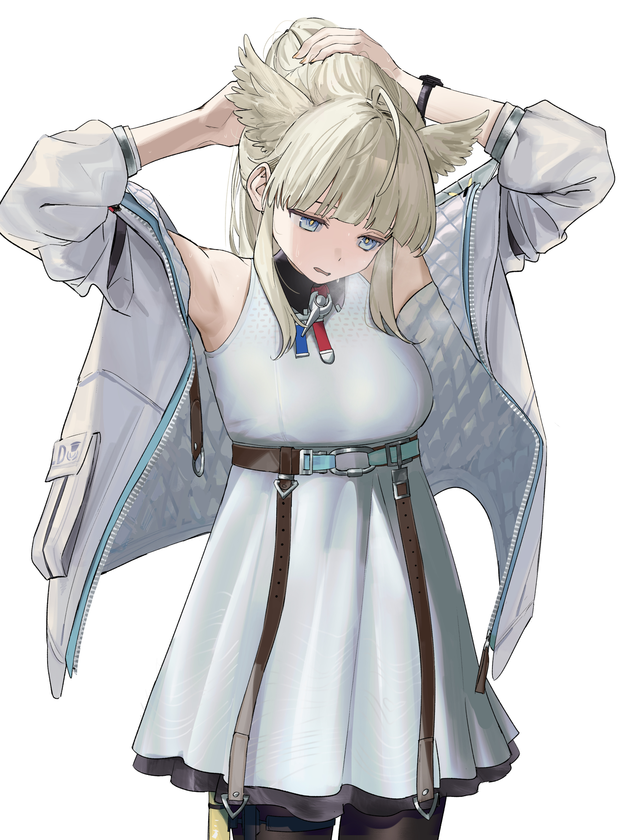 yamamura saki, perlica (arknights), arknights, arknights: endfield, absurdres, check commentary, commentary request, highres, 1girl, ahoge, alternate hairstyle, animal ears, aqua eyes, armpits, arms up, belt, belt buckle, bird ears, black pantyhose, blonde hair, blunt bangs, breasts, brown belt, buckle, collared dress, cowboy shot, dress, feather hair, half-closed eyes, jacket, long hair, long sidelocks, medium breasts, multiple belts, nail polish, off shoulder, open clothes, open jacket, open mouth, pantyhose, ponytail, sidelocks, simple background, sleeveless, sleeveless dress, solo, standing, sweat, three-quarter sleeves, tying hair, watch, white background, white dress, white jacket, wristwatch, yellow pupils, zipper