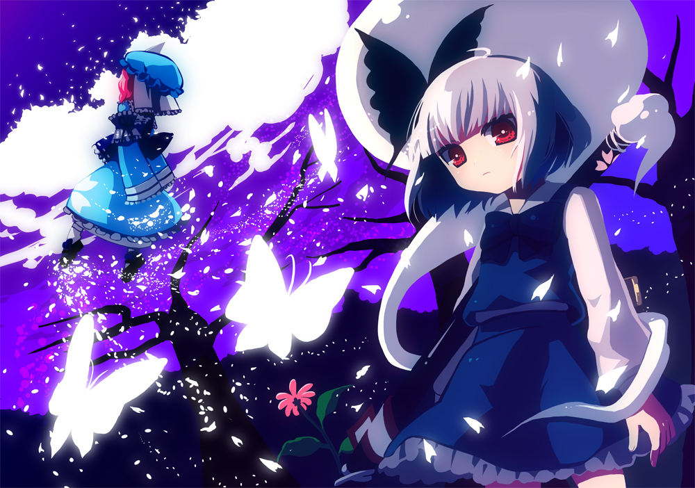 nishiki koi, konpaku youmu, konpaku youmu (ghost), saigyouji yuyuko, touhou, silver hair, 2girls, bug, butterfly, female focus, flower, ghost, hairband, hat, hitodama, japanese clothes, katana, kimono, multiple girls, petals, pink hair, red eyes, ribbon, short hair, sword, weapon