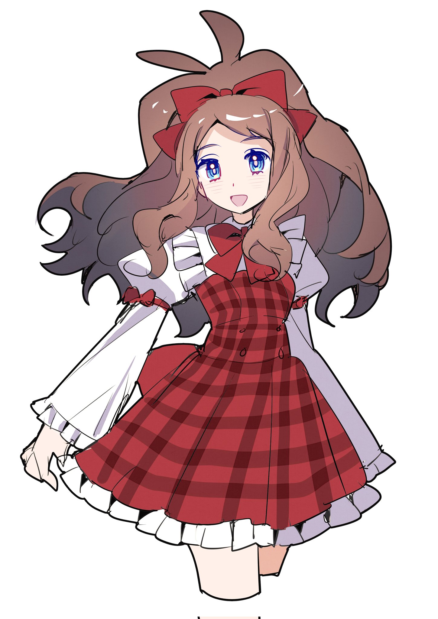 pkm lemon, hilda (pokemon), nintendo, pokemon, pokemon bw, highres, 1girl, alternate costume, blue eyes, bow, breasts, brown hair, dress, hair bow, high ponytail, long hair, long sleeves, looking at viewer, open mouth, plaid clothes, plaid dress, ponytail, red bow, red dress, smile, solo, white sleeves