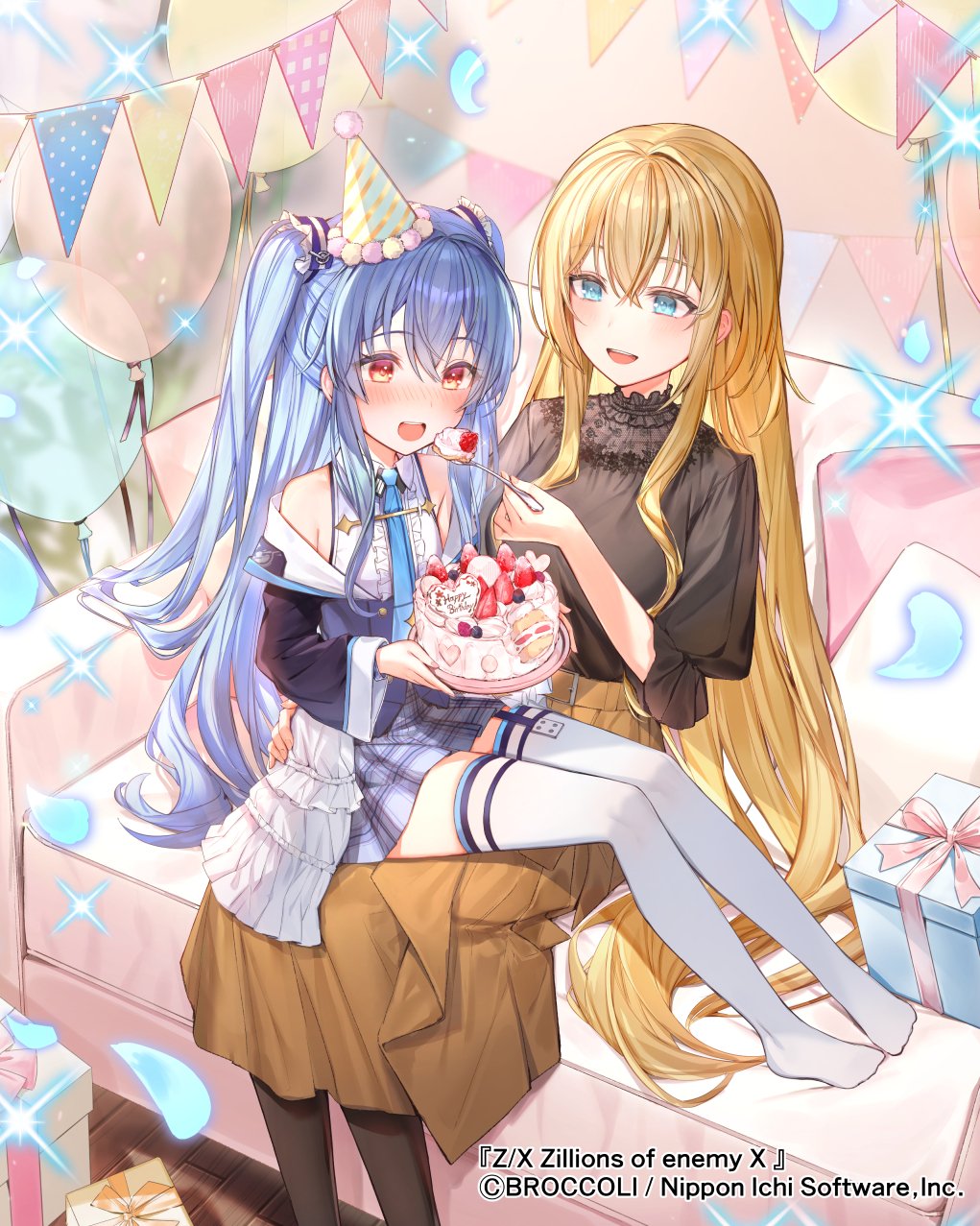ike seika, kagamihara azumi, rigel (z/x), z/x, highres, official art, 2girls, aqua eyes, aqua necktie, balloon, bare shoulders, black shirt, black thighhighs, blonde hair, blue hair, blue skirt, box, brown skirt, cake, copyright notice, couch, feeding, food, fruit, gift, gift box, hat, holding, holding plate, holding spoon, indoors, long hair, multiple girls, necktie, on couch, open mouth, party hat, petals, plaid clothes, plaid skirt, plate, red eyes, shirt, sitting, sitting on person, skirt, sparkle, spoon, strawberry, teeth, thighhighs, two side up, upper teeth only, very long hair, white thighhighs
