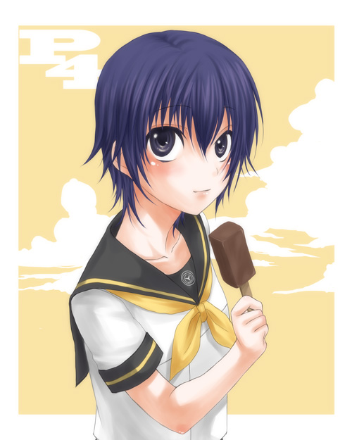 nekomura maccha, shirogane naoto, atlus, persona, persona 4, bad id, bad pixiv id, 1girl, androgynous, blue hair, blush, female focus, food, ice cream, mint chocolate, reverse trap, school uniform, serafuku, short hair, smile, solo, tomboy