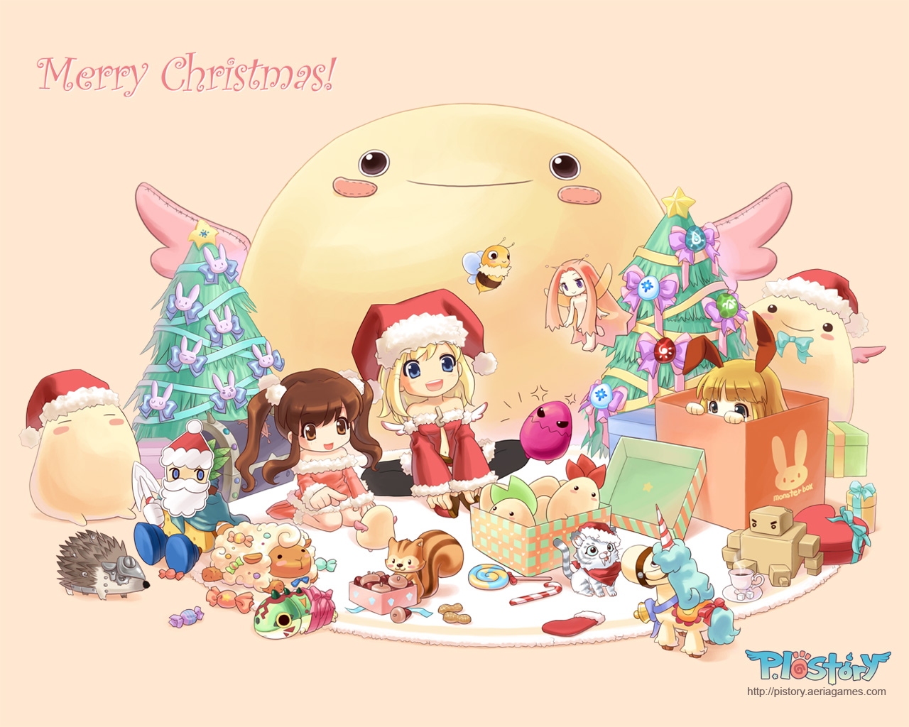 animal, animal ears, bee, blonde hair, brown hair, bug, candy, christmas, christmas tree, food, gift, insect, kneeling, pi story, rabbit ears, santa costume, squirrel, toy, twintails