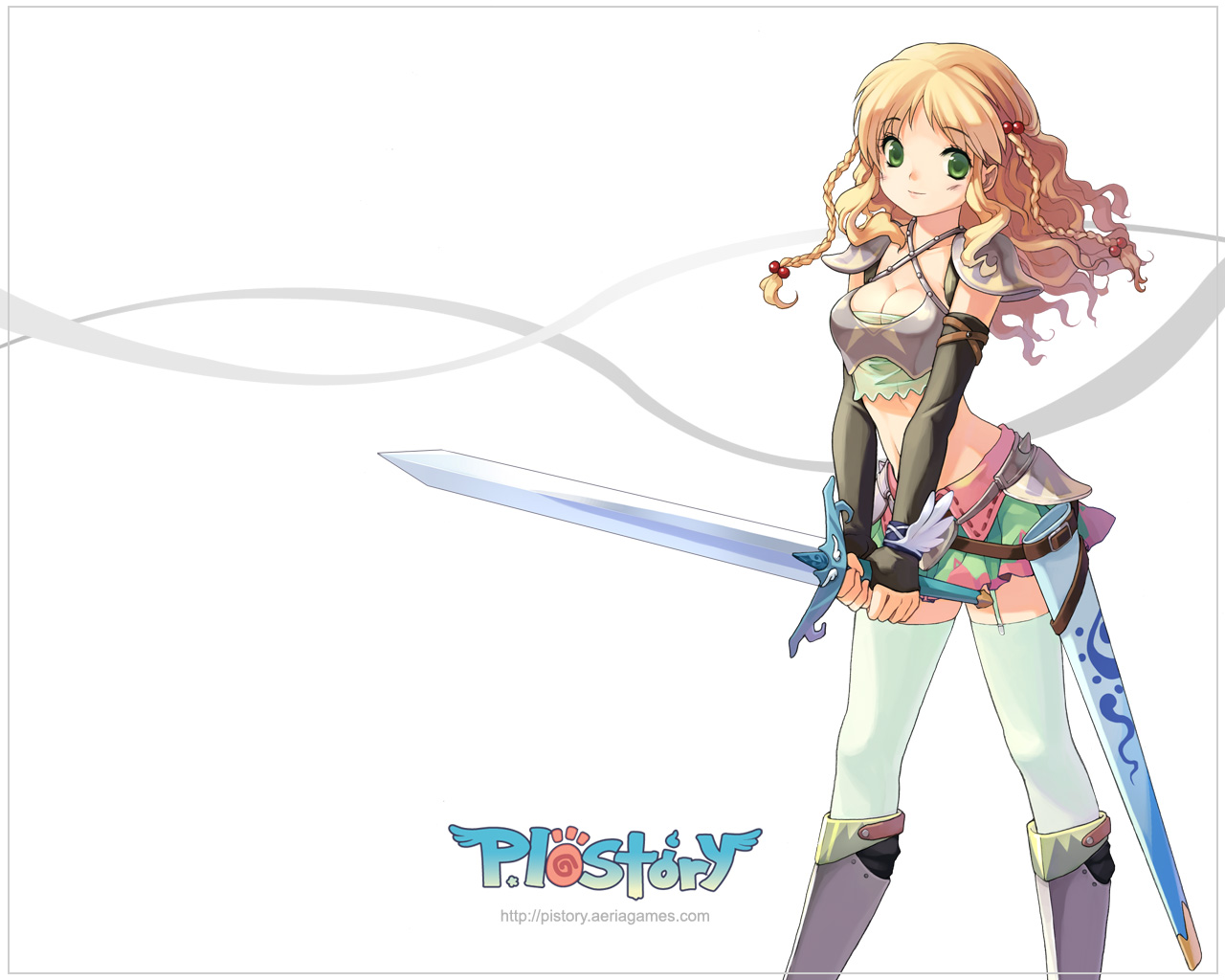 blonde hair, elbow gloves, fingerless gloves, gloves, green eyes, midriff, pi story, sword, thighhighs, weapon