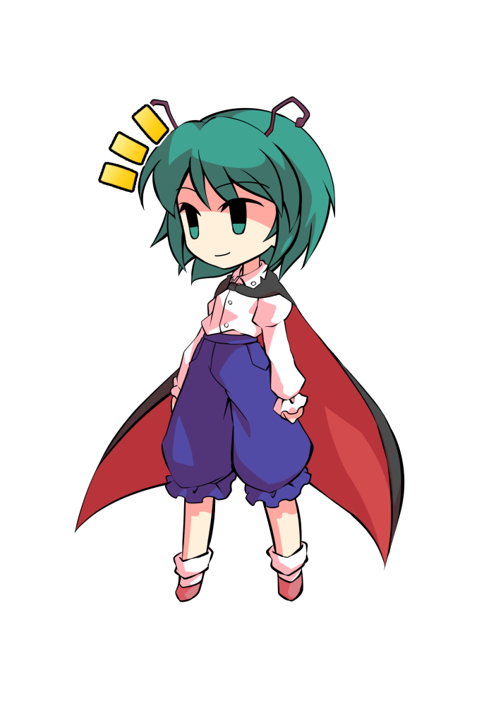 dairi, wriggle nightbug, touhou, commentary request, large variant set, variant set, 1girl, antennae, black cape, blue pants, brown shoes, cape, chibi, chibi only, full body, green hair, juliet sleeves, long sleeves, pants, puffy sleeves, red cape, shirt, shoes, short hair, socks, solo, tachi-e, transparent background, two-sided cape, two-sided fabric, white shirt, white socks