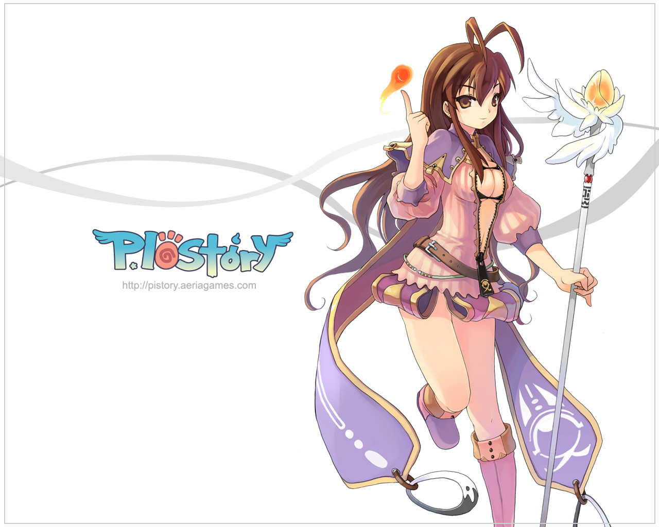 antenna hair, breasts, brown eyes, brown hair, cleavage, magic, pi story, staff