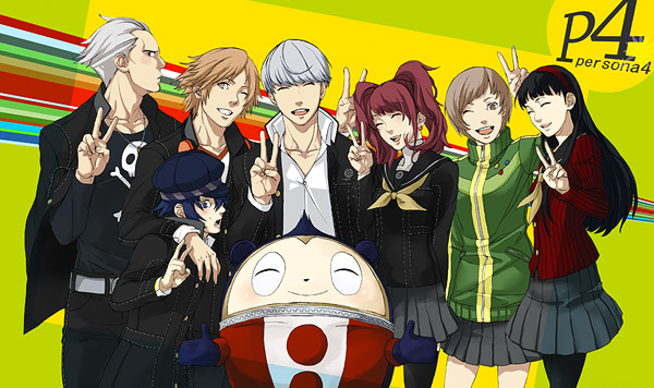 amagi yukiko, hanamura yousuke, kujikawa rise, kuma (persona 4), narukami yu, satonaka chie, shirogane naoto, tatsumi kanji, atlus, persona, persona 4, bad id, bad pixiv id, 3boys, 4girls, everyone, hat, multiple boys, multiple girls, newsboy cap, one eye closed, pantyhose, thighhighs, v, wink
