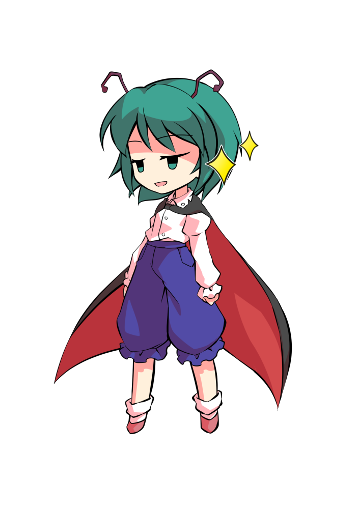 dairi, wriggle nightbug, touhou, commentary request, large variant set, variant set, 1girl, antennae, black cape, blue pants, brown shoes, cape, chibi, chibi only, full body, green hair, juliet sleeves, long sleeves, pants, puffy sleeves, red cape, shirt, shoes, short hair, socks, solo, tachi-e, transparent background, two-sided cape, two-sided fabric, white shirt, white socks