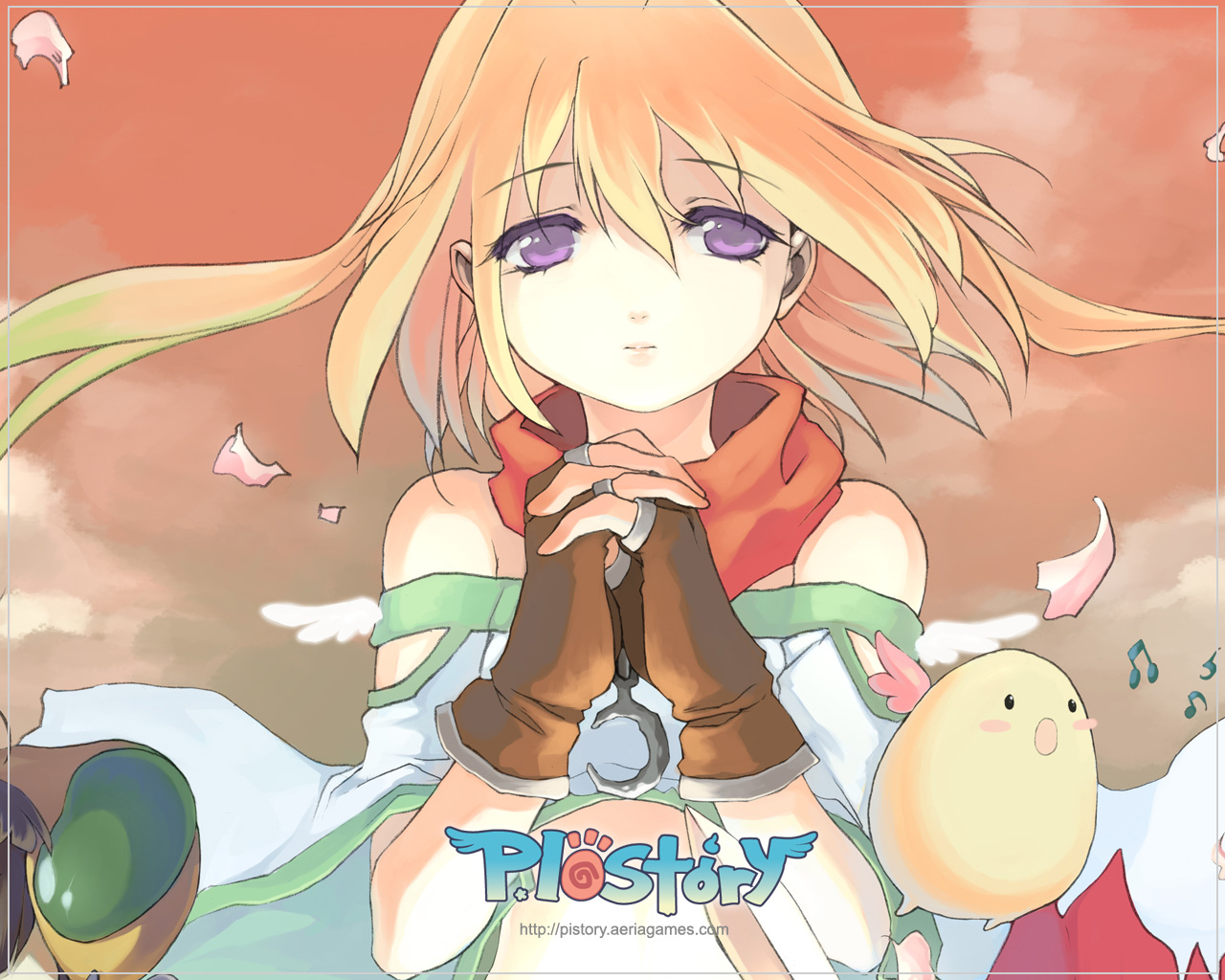 tagme, blonde hair, fingerless gloves, gloves, petals, pi story, purple eyes
