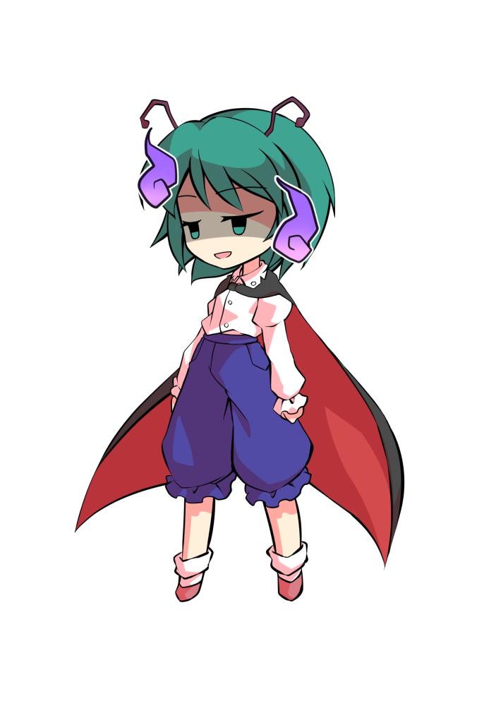 dairi, wriggle nightbug, touhou, commentary request, large variant set, variant set, 1girl, antennae, black cape, blue pants, brown shoes, cape, chibi, chibi only, full body, green hair, juliet sleeves, long sleeves, pants, puffy sleeves, red cape, shirt, shoes, short hair, socks, solo, tachi-e, transparent background, two-sided cape, two-sided fabric, white shirt, white socks