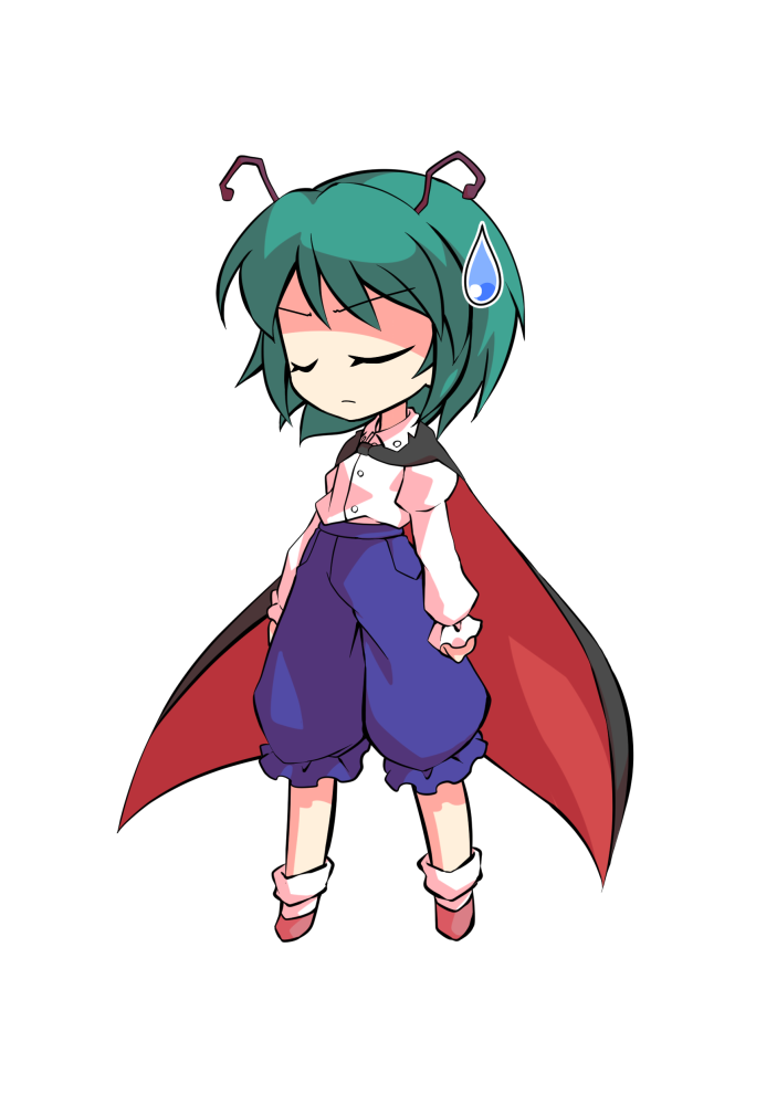 dairi, wriggle nightbug, touhou, commentary request, large variant set, variant set, 1girl, antennae, black cape, blue pants, brown shoes, cape, chibi, chibi only, full body, green hair, juliet sleeves, long sleeves, pants, puffy sleeves, red cape, shirt, shoes, short hair, socks, solo, tachi-e, transparent background, two-sided cape, two-sided fabric, white shirt, white socks