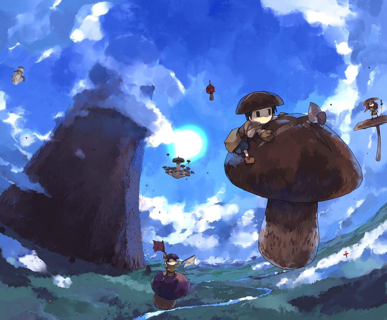 gregorius yamada, pixiv fantasia, pixiv fantasia 2, 2boys, chibi, cloud, day, fantasy, flag, forest, katana, mountain, multiple boys, mushroom, nature, river, scenery, sky, sun, sword, weapon