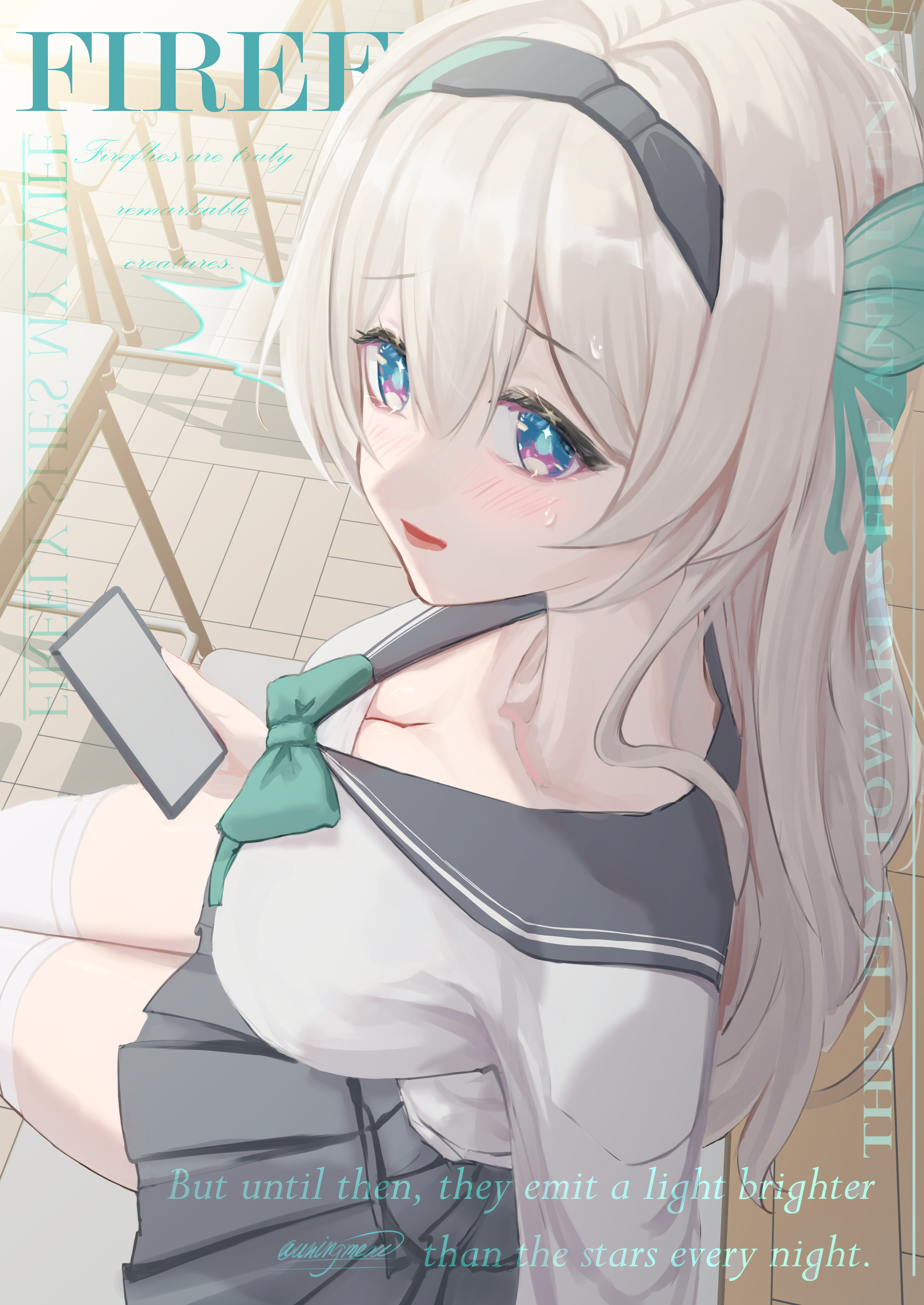 uningmeow, firefly (honkai: star rail), firefly (spring missive) (honkai: star rail), honkai: star rail, honkai (series), absurdres, highres, 1girl, aqua eyes, blush, bow, breasts, cellphone, character name, cleavage, green bow, grey hair, grey skirt, hair between eyes, hair ornament, holding, holding phone, large breasts, long hair, long sleeves, official alternate costume, open mouth, phone, pleated skirt, school uniform, serafuku, skirt, smartphone, smile, solo, surprised, sweat, thighhighs, very long hair, white thighhighs