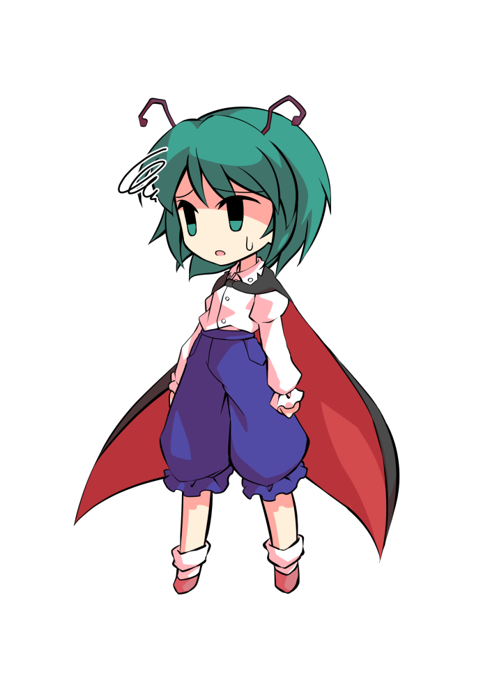 dairi, wriggle nightbug, touhou, commentary request, large variant set, variant set, 1girl, antennae, black cape, blue pants, brown shoes, cape, chibi, chibi only, full body, green hair, juliet sleeves, long sleeves, pants, puffy sleeves, red cape, shirt, shoes, short hair, socks, solo, tachi-e, transparent background, two-sided cape, two-sided fabric, white shirt, white socks