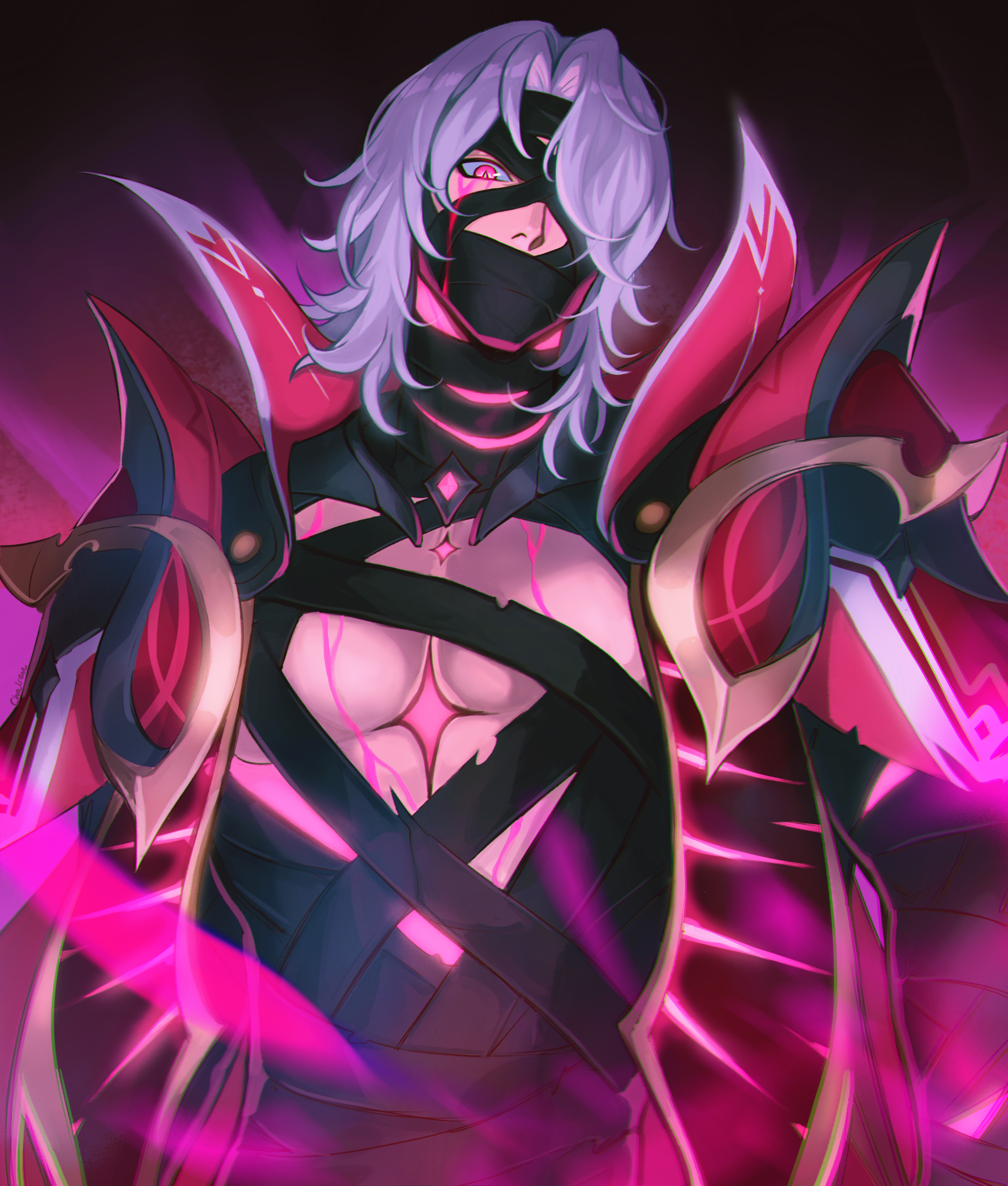 chalseu, genshin impact, absurdres, commentary, english commentary, highres, 1boy, bandage over one eye, bandaged chest, bandaged head, bandaged torso, bandages, bandages over mouth, black bandages, cape, collared cape, covered mouth, gold trim, high collar, male focus, one eye covered, parted bangs, pectoral cleavage, pectorals, red cape, red eyes, rerir (genshin impact), short hair, solo, white hair