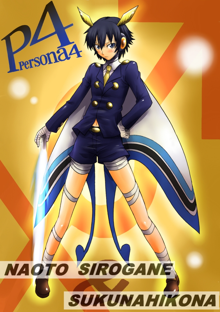segami daisuke, shirogane naoto, sukuna hikona, atlus, persona, persona 4, 1girl, androgynous, bandages, blazer, blue eyes, blue hair, blush, cosplay, necktie, reverse trap, short hair, shorts, sukuna hikona (cosplay)
