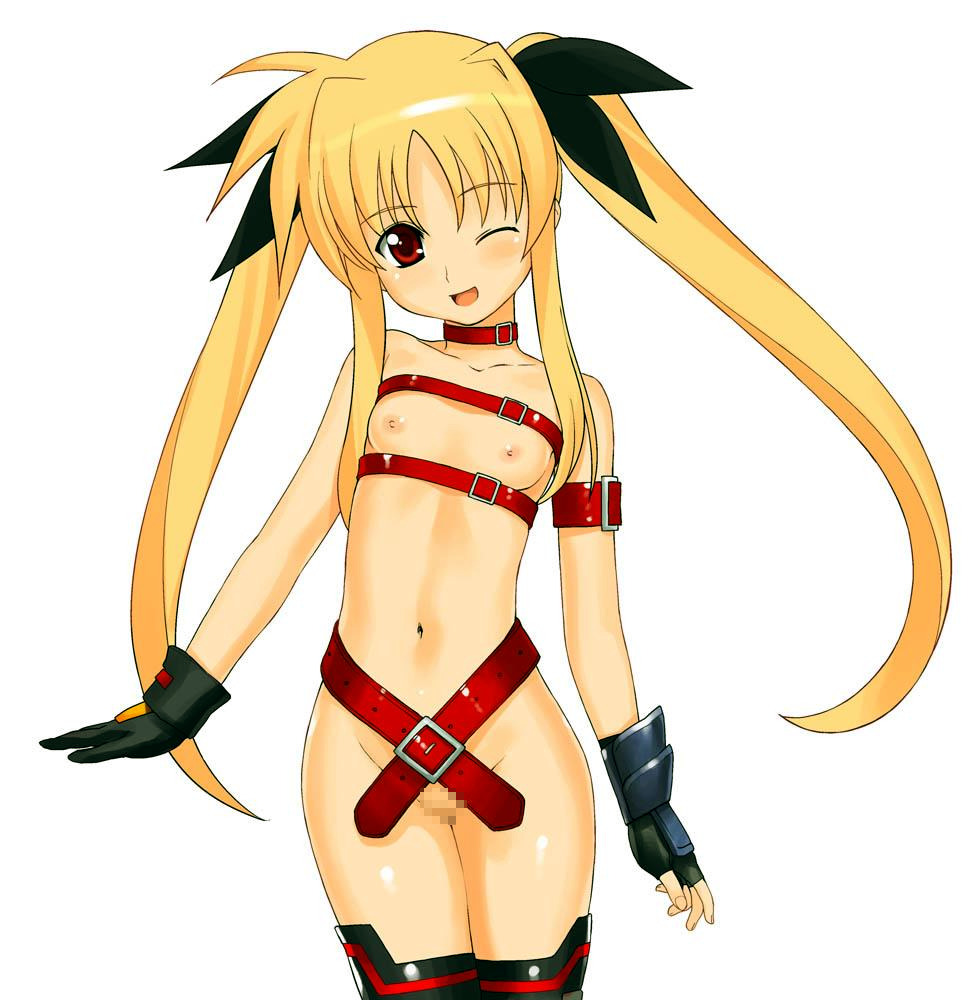 fate testarossa, lyrical nanoha, mahou shoujo lyrical nanoha, 00s, belt, blonde hair, censored, flat chest, gloves, red eyes, twintails, wink
