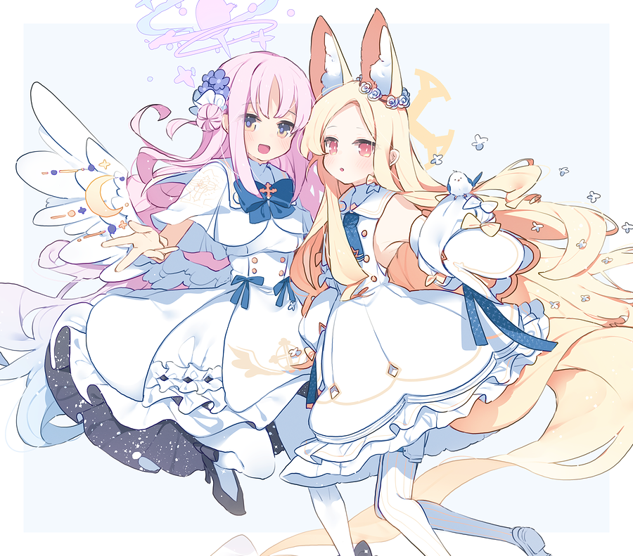yun (dust-i1), mika (blue archive), seia (blue archive), blue archive, 2girls, angel wings, animal ear fluff, animal ears, bird, blonde hair, blue bow, blush, bow, capelet, detached sleeves, dress, feathered wings, flower, fox ears, fox girl, fox tail, gold trim, hair bun, hair flower, hair ornament, halo, high heels, long hair, long sleeves, looking at viewer, low wings, multiple girls, open mouth, orange eyes, pantyhose, pink hair, pink halo, pumps, purple eyes, single hair bun, single side bun, sleeveless, sleeveless dress, sleeves past wrists, smile, tail, very long hair, white capelet, white dress, white pantyhose, white wings, wing ornament, wings, yellow halo