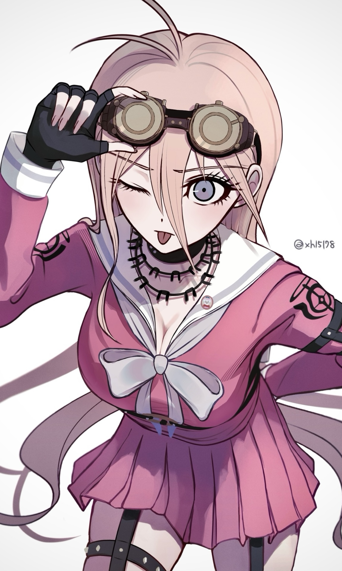 iruma miu, danganronpa (series), danganronpa v3: killing harmony, commentary, highres, 1girl, adjusting goggles, antenna hair, arm belt, barbed wire, belt, blonde hair, blue eyes, blush, breasts, choker, cleavage, eyelashes, fingerless gloves, gloves, goggles, goggles on head, hair between eyes, hand on own hip, hand up, large breasts, leaning forward, long hair, long sleeves, looking at viewer, multiple belts, oguma (ogm), one eye closed, pink serafuku, pink shirt, school uniform, serafuku, shirt, skirt, solo, thigh belt, thigh strap, tongue, tongue out, twitter username, upper body, very long hair, white background