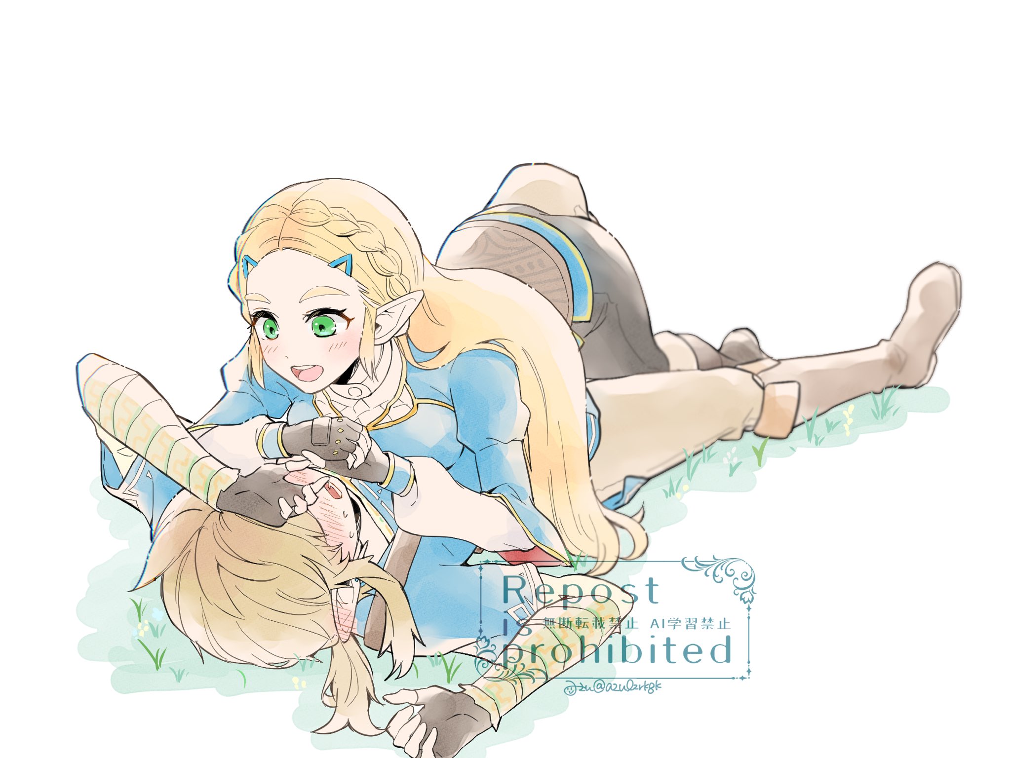 link, princess zelda, nintendo, the legend of zelda, the legend of zelda: breath of the wild, commentary request, highres, 1boy, 1girl, azulzrkgk, black gloves, black pants, blonde hair, blue shirt, blue tunic, blush, boots, braid, breasts, brown boots, champion's tunic (zelda), couple, covering face, crown braid, earrings, fingerless gloves, full body, girl on top, gloves, grass, green eyes, grey pants, hair ornament, hairclip, hetero, jewelry, long hair, low ponytail, lying, medium breasts, on back, open mouth, pants, parted bangs, pointy ears, ponytail, shirt, sidelocks, smile, sweatdrop, thick eyebrows, tunic, twitter username, white background