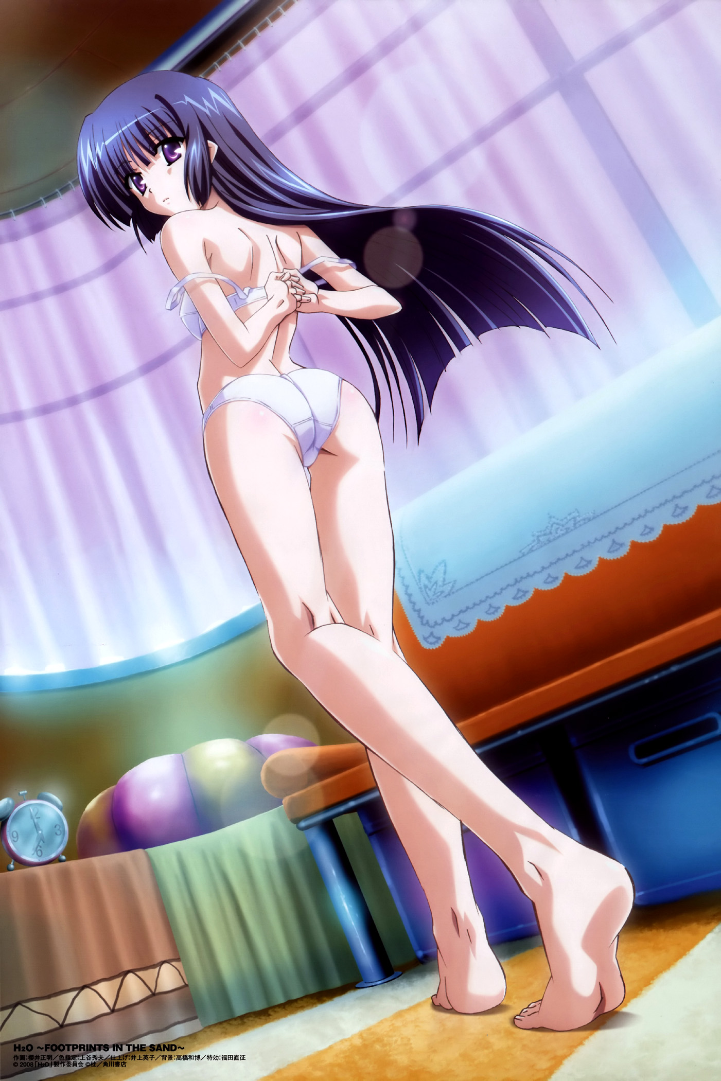 kohinata hayami, h2o footprints in the sand, highres, 00s, 1girl, ass, barefoot, female focus, indoors, looking back, panties, solo, underwear, undressing