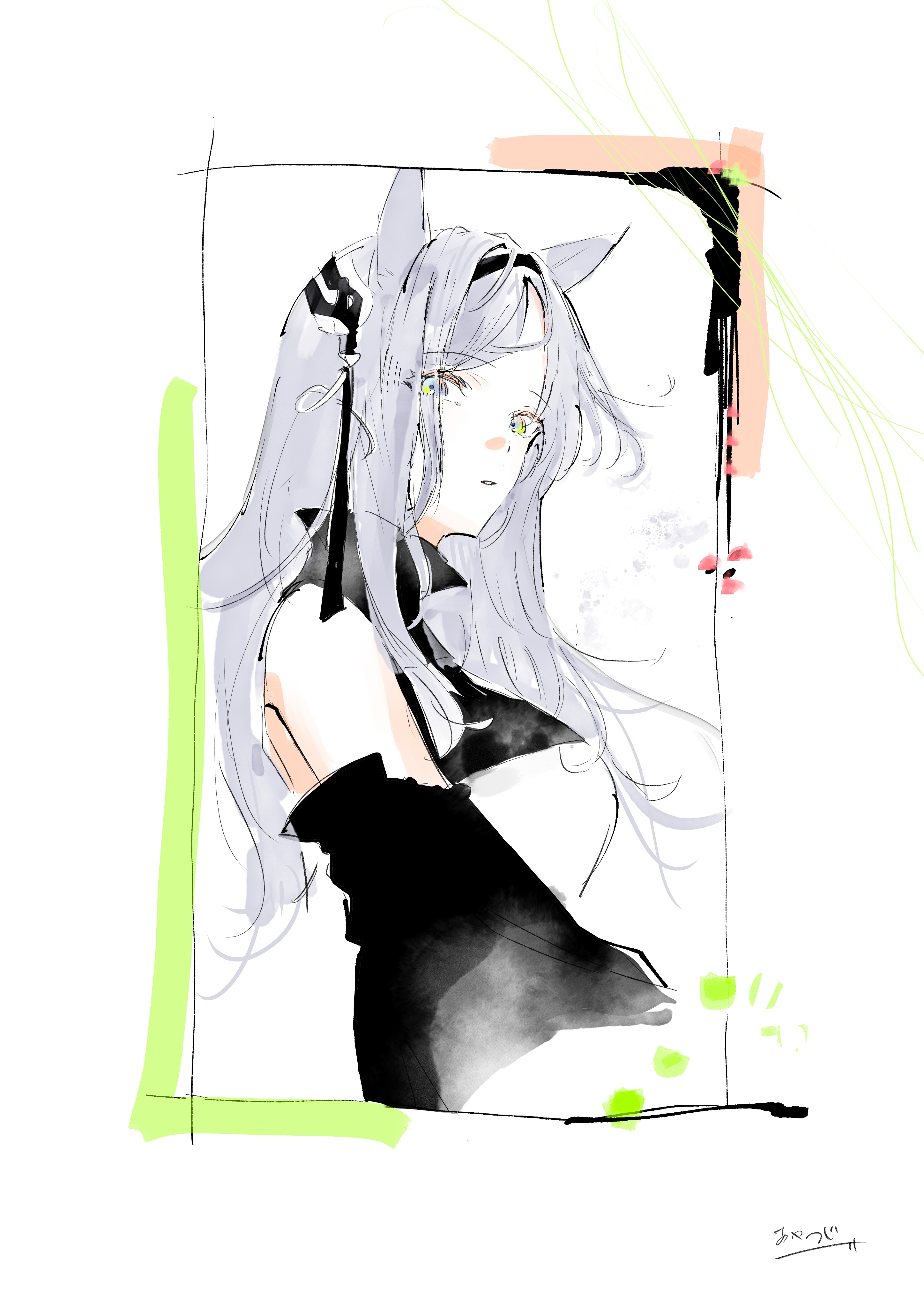 ayatsuji k, golding (arknights), arknights, absurdres, commentary request, highres, 1girl, animal ears, bare shoulders, black dress, black hairband, border, breasts, cat ears, collared dress, cropped torso, detached sleeves, dress, from side, grey hair, hairband, headpiece, long hair, long sidelocks, looking at viewer, medium breasts, parted bangs, parted lips, sidelocks, sideways glance, signature, simple background, solo, two-tone dress, white background, white dress, yellow eyes