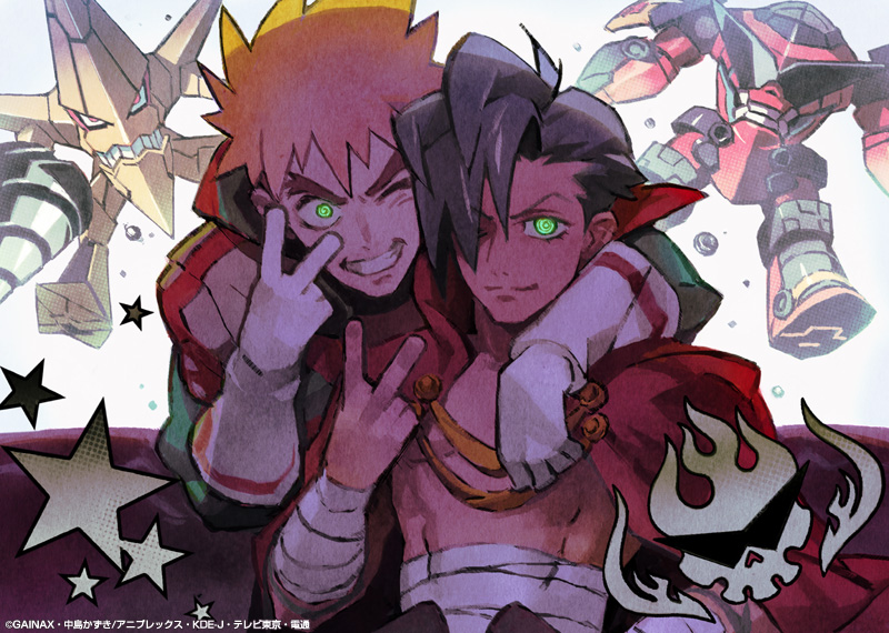 gurren, kamina (ttgl), king kittan, kittan bachika, tengen toppa gurren lagann, 00s, 2boys, blonde hair, blue hair, gainaxtop, glowing, glowing eyes, green eyes, male focus, mecha, multiple boys, robot, sarashi, spiral power, v