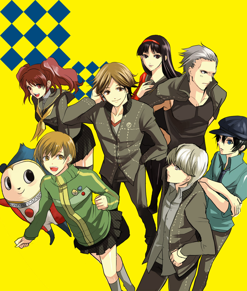 campanella shoko, shoko makiko, amagi yukiko, hanamura yousuke, kujikawa rise, kuma (persona 4), narukami yu, satonaka chie, shirogane naoto, tatsumi kanji, atlus, persona, persona 4, bad id, bad pixiv id, 3boys, 4girls, everyone, hat, multiple boys, multiple girls, newsboy cap, pantyhose, school uniform, serafuku