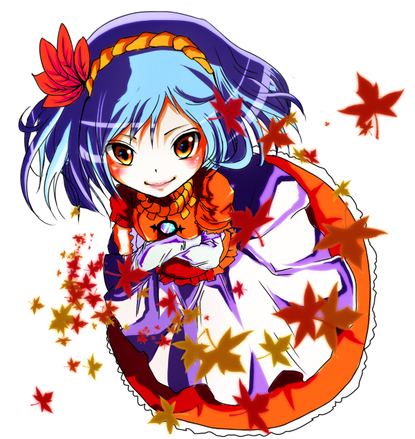 yae (mono110), yasaka kanako, touhou, 1girl, blue hair, brown eyes, female focus, hair ornament, leaf, leaf hair ornament, short hair, solo