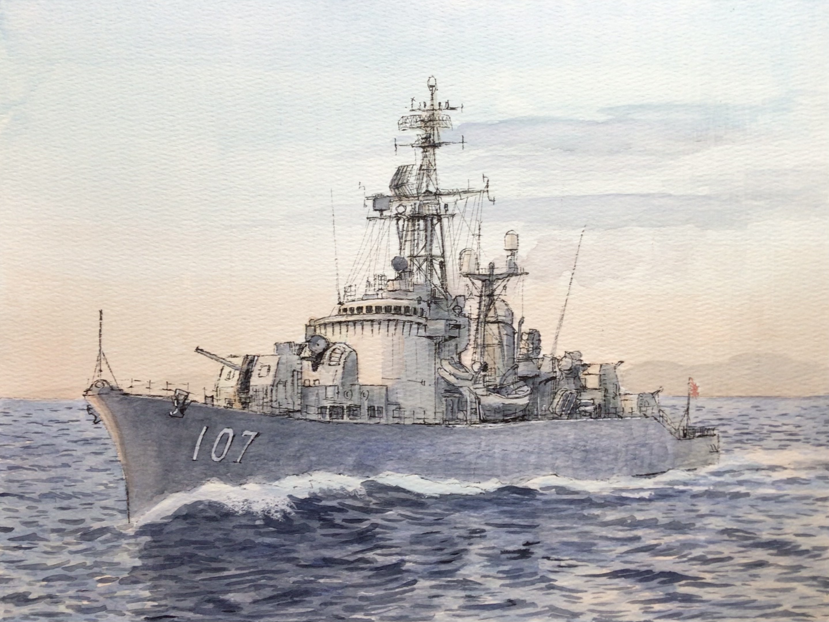 atelier bono, japan maritime self-defense force, japan self-defense force, original, commentary request, highres, painting (medium), traditional media, watercolor (medium), blue sky, cannon, cloud, destroyer, flag, jds murasame (dd-107), mast, military, military vehicle, no humans, ocean, outdoors, rising sun flag, sailing, ship, ship turret, sky, smokestack, sunburst, sunset, vehicle focus, warship, watercraft, waves