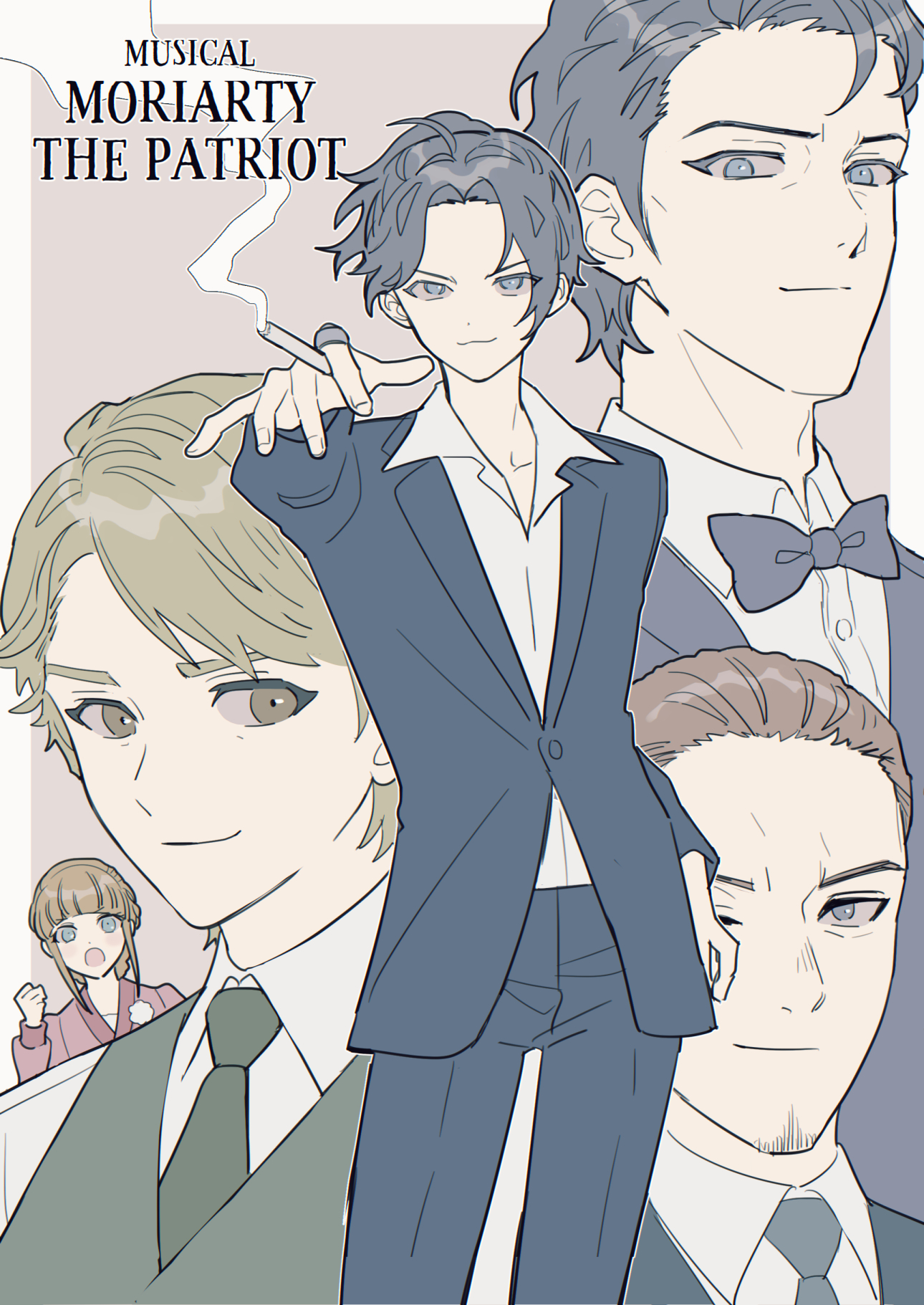 mdfd04, martha louise hudson, sherlock holmes (yuukoku no moriarty), yuukoku no moriarty, highres, >:), 1girl, 4boys, :3, :o, adjusting scarf, ahoge, aqua jacket, aqua necktie, arm on another's shoulder, black bow, black bowtie, black hair, black jacket, black vest, blonde hair, blue eyes, blue jacket, blue pants, blue suit, blunt bangs, border, bow, bowtie, brown background, brown eyes, brown hair, cigarette, closed mouth, collared shirt, comb over, copyright name, cowboy shot, curtained hair, dress, facial hair, formal clothes, george lestrade (yuukoku no moriarty), green necktie, green vest, hair bun, hair slicked back, holding, holding cigarette, jacket, john h. watson, long sleeves, looking at viewer, male focus, multiple boys, mycroft holmes (yuukoku no moriarty), necktie, outside border, outstretched arm, pants, parted bangs, pink dress, ponytail, scarf, shirt, short hair, simple background, single hair bun, smoke, standing, stubble, suit, swept bangs, upper body, v-shaped eyebrows, vest, white border, white shirt, wrinkled skin